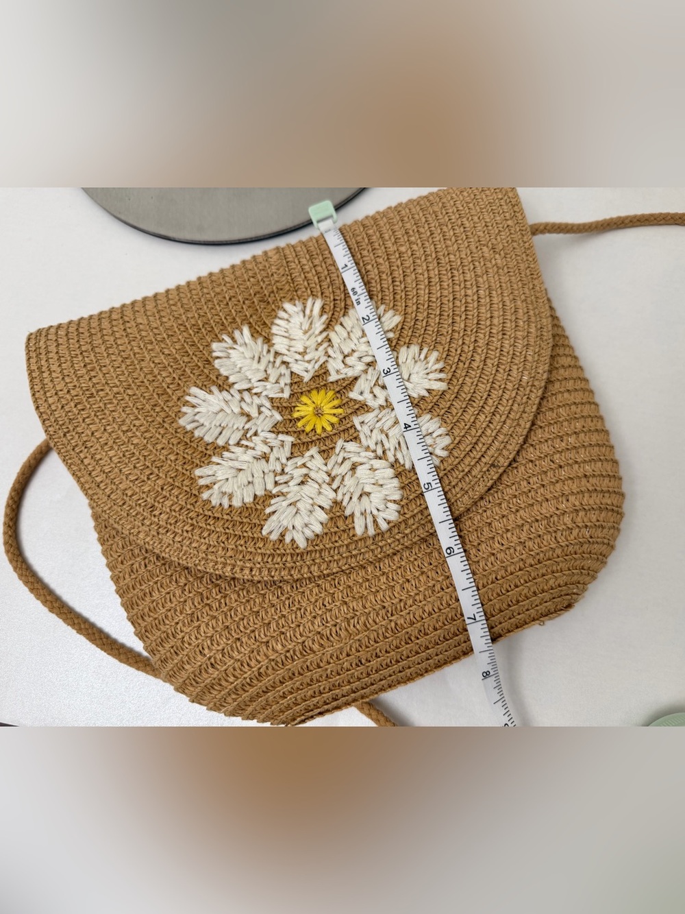 Woven Raffia Daisy Shoulder Bag - Brown with White & Yellow Embroidery